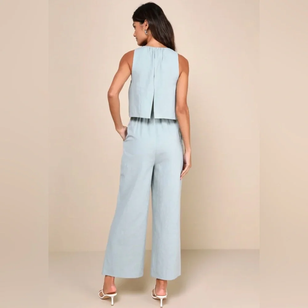 Lulus Breezy Sophistication Sage Green Textured Wide-Leg Jumpsuit new small - Picture 2 of 7